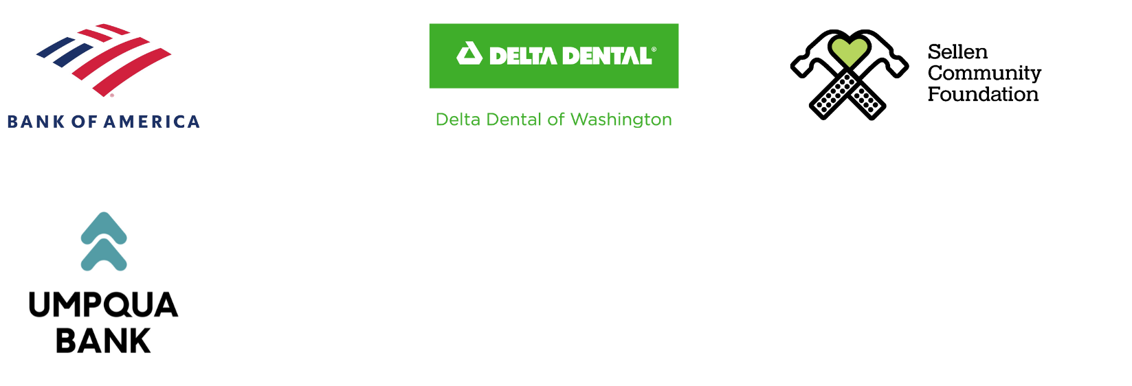 Bank of America, Delta Dental of Washington, Umpqua Bank, and Sellen Community Foundation logos
